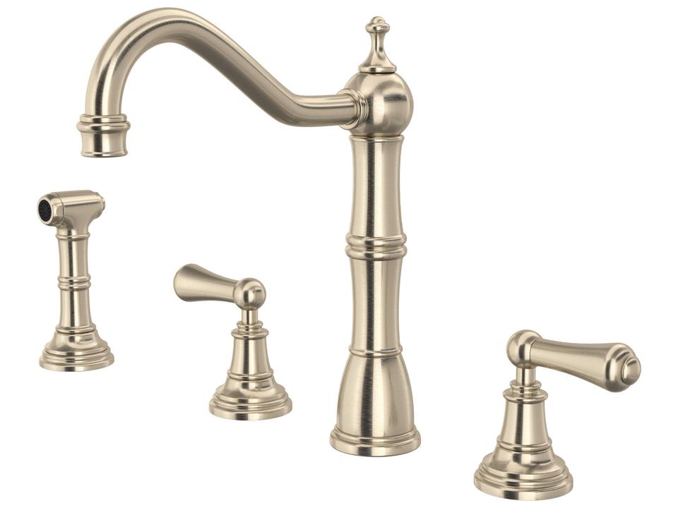 Edwardian Two Handle Kitchen Faucet with Side Spray in Satin Nickel