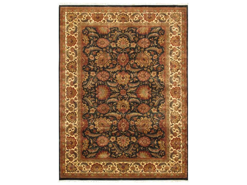 Agra Mogul Art Bordered Hand-Knotted Lamb's Wool Area Rug Navy Green