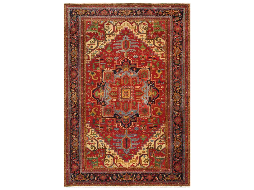 Azerbaijan Bordered Hand-Knotted Area Rug in Red and Navy