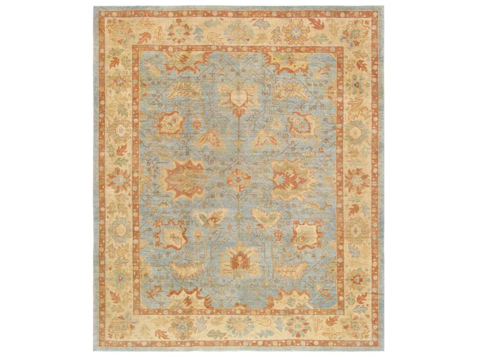 Oushak Hand-Knotted Lamb's Wool Area Rug in Light Blue and Beige
