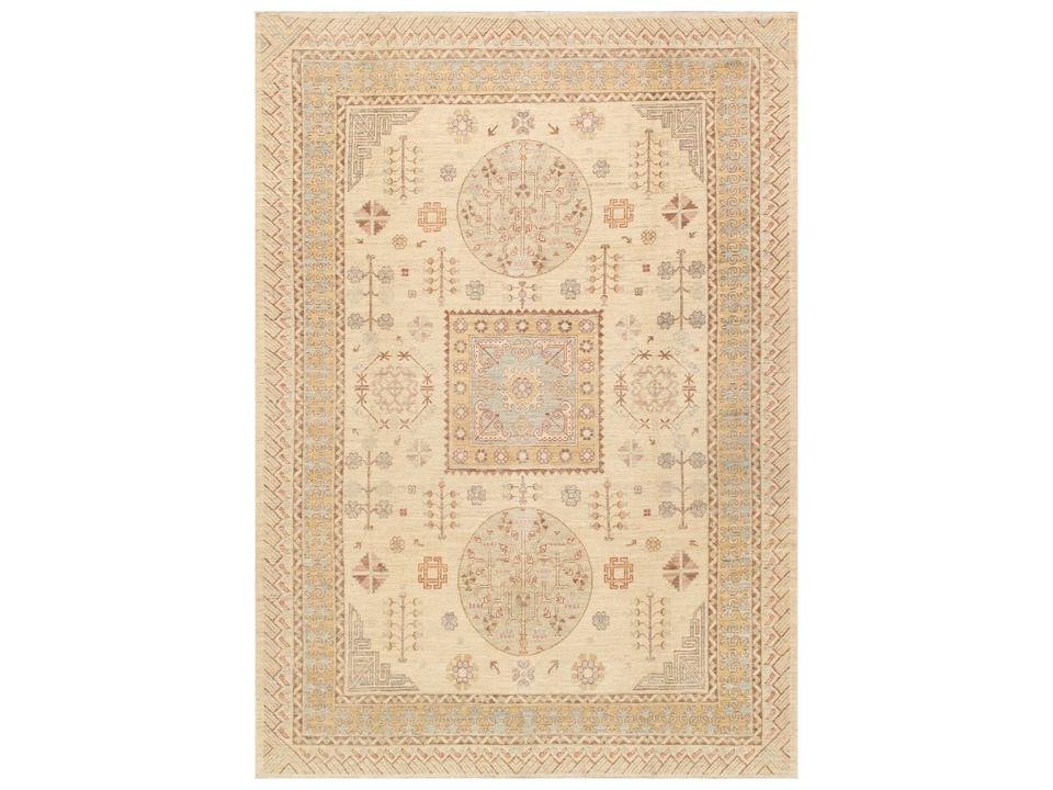 Azerbaijan Lambs Wool Hand-Knotted Area Rug in Beige Light Blue