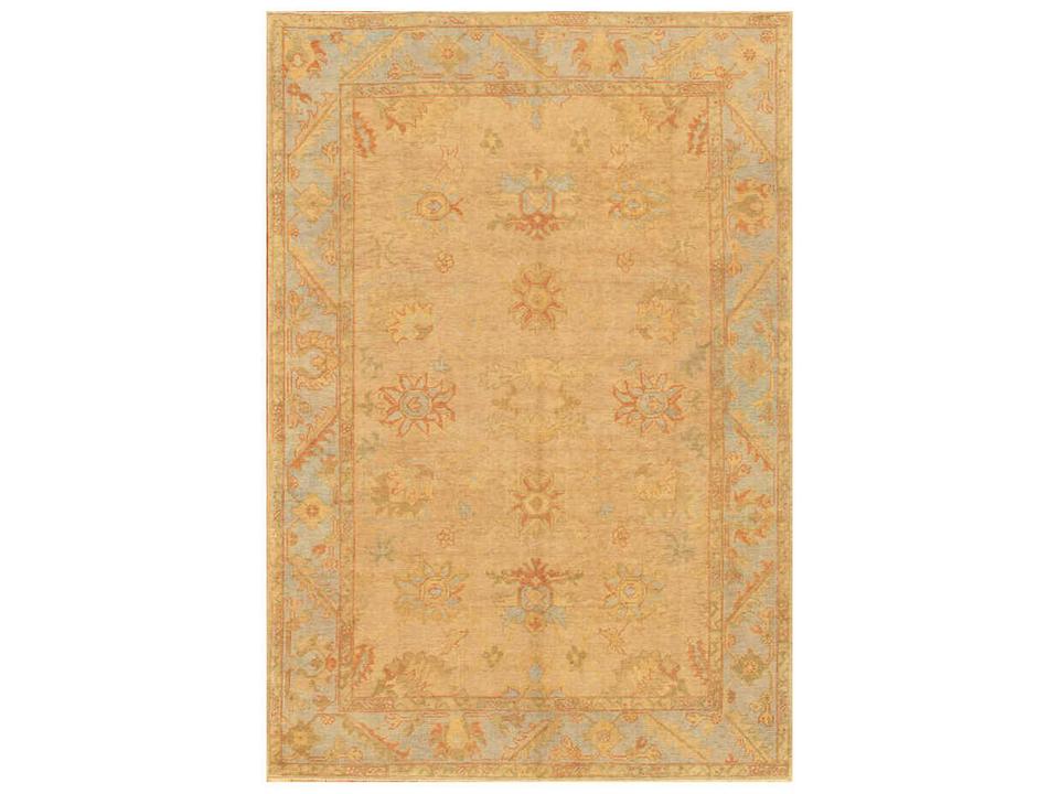 Oushak Bordered Hand-Knotted Area Rug in Camel and Light Blue