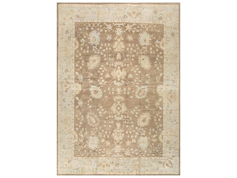 Oushak Bordered Hand-Knotted Wool Area Rug Brown Light Blue