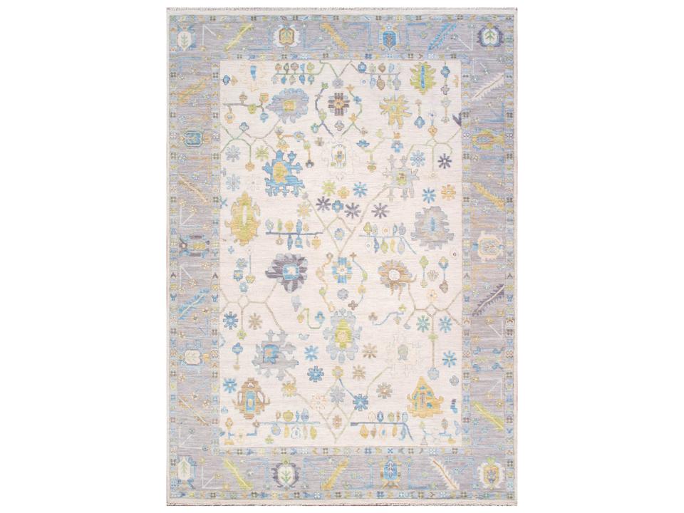 Oushak Hand-Knotted Wool Bordered Area Rug 10x14 Silver Grey