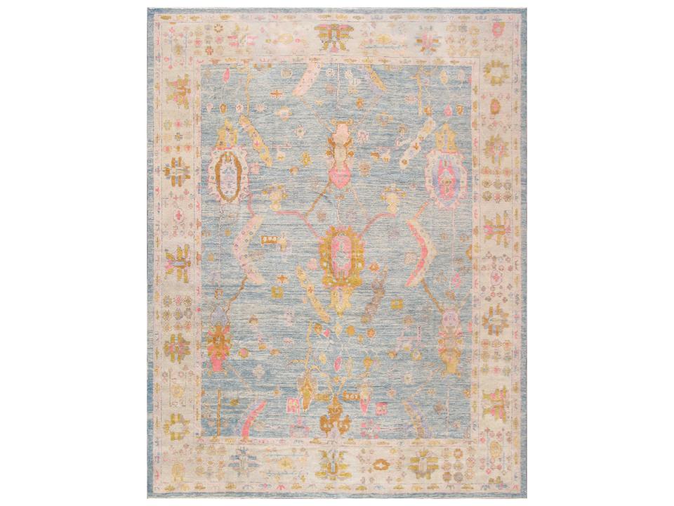 Oushak Collection 11x14 Hand-Knotted Lambs Wool Area Rug Light Blue