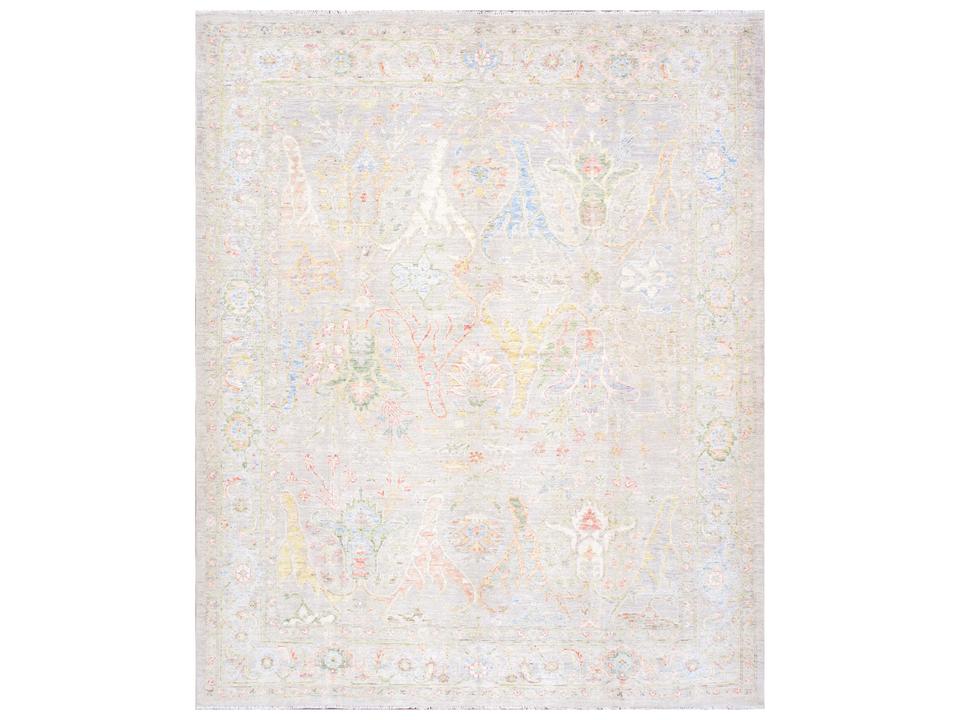 Oushak Hand-Knotted Wool Bordered Area Rug in Silver Beige