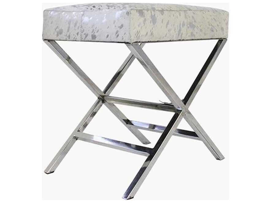 Safari Silver Cowhide Round Ottoman with Stainless Steel Base