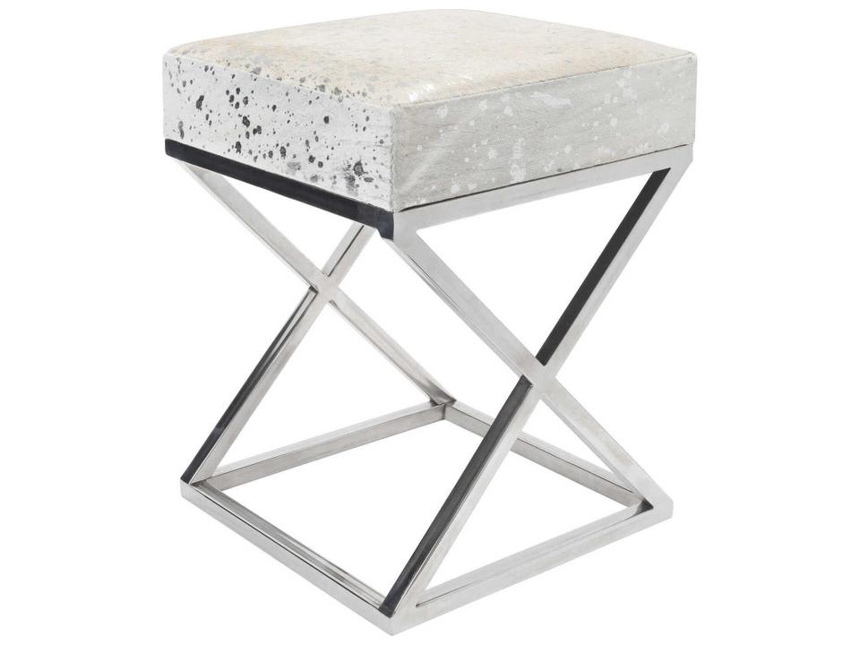 Safari Silver Cowhide Ottoman with Stainless Steel Base