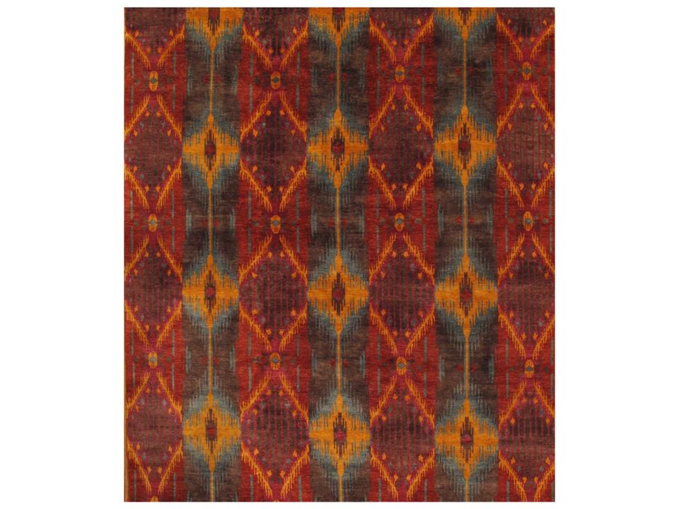 Ikat Hand-Knotted Wool Area Rug 9x12 Rust Multi