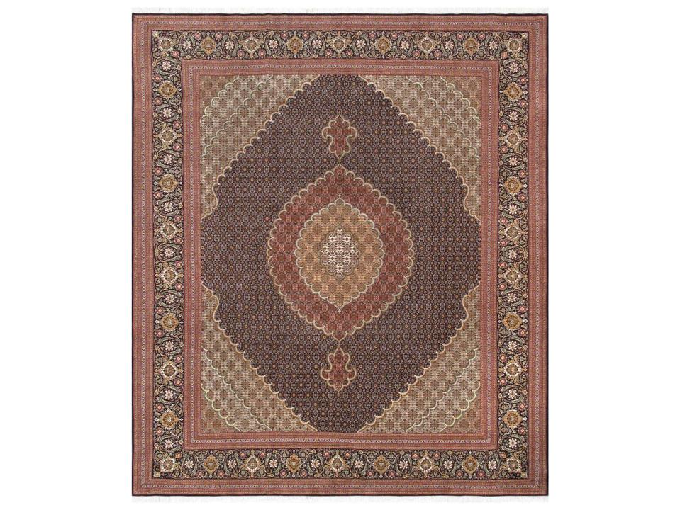 Baku Bordered Hand-Knotted Silk and Wool Area Rug in Navy