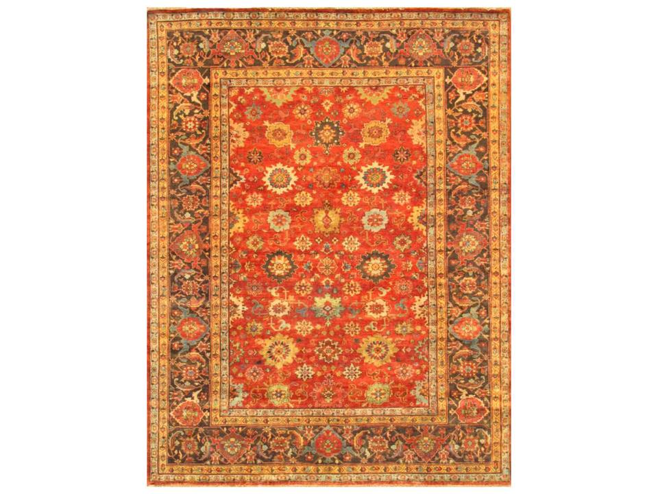 Mahal Bordered Hand-Knotted Wool Area Rug in Rust Brown