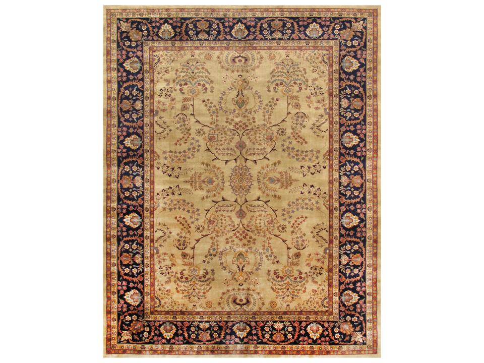 Azerbaijan Bordered Hand-Knotted Silk and Wool Area Rug in Ivory