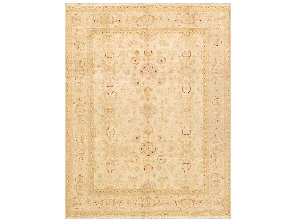 Azerbaijan Collection Hand-Knotted Lamb's Wool 9x12 Area Rug Ivory and Camel
