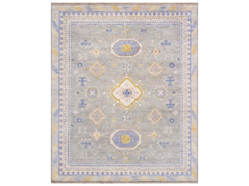 Khotan Bordered Hand-Knotted Wool Area Rug in Light Blue