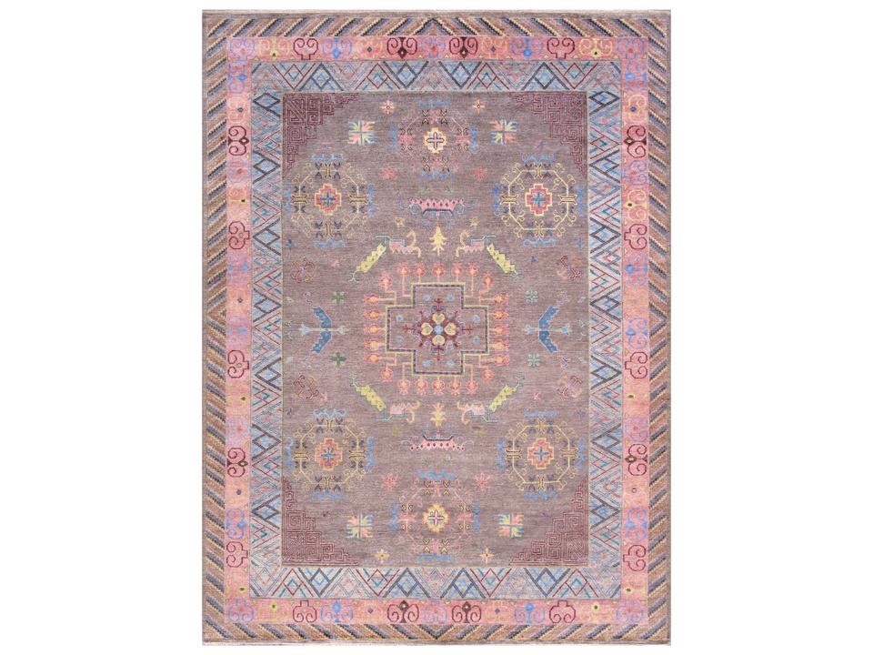 Khotan Bordered 10x14 Hand-Knotted Wool Area Rug in Grey Rose