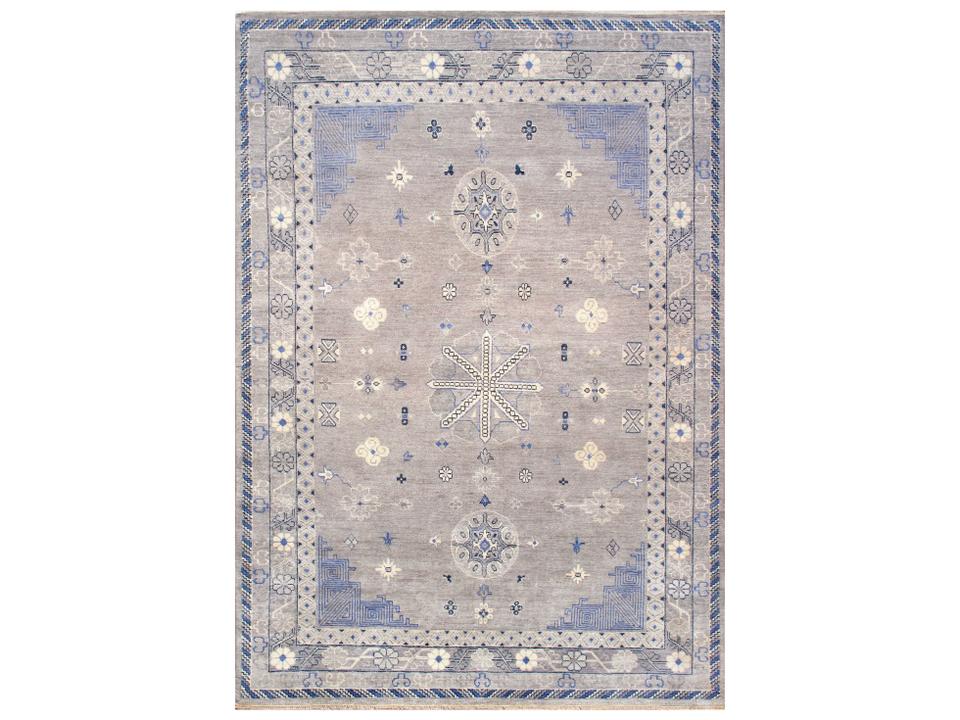 Khotan 9x13 Bordered Hand-Knotted Wool Area Rug in Silver