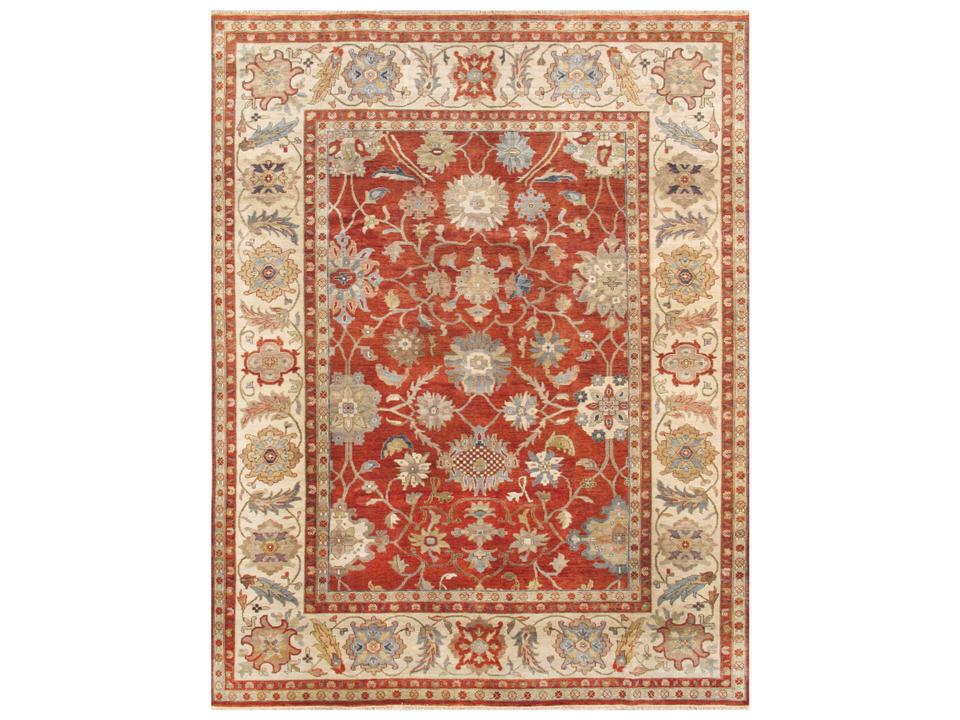 Melody Bordered Hand-Knotted Lamb's Wool Area Rug in Rust and Ivory