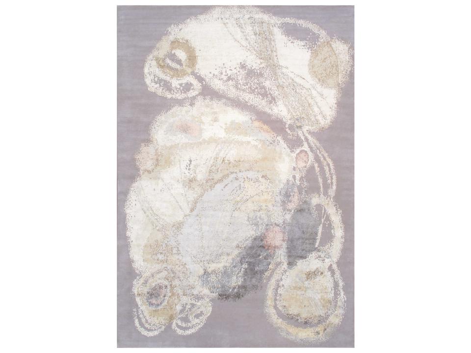 Modern Abstract Hand-Knotted Wool and Silk Area Rug in Ivory and Grey 10' x 14'