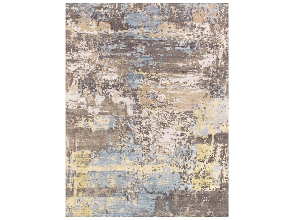 Modern Abstract Hand-Knotted Area Rug in Silver and Blue