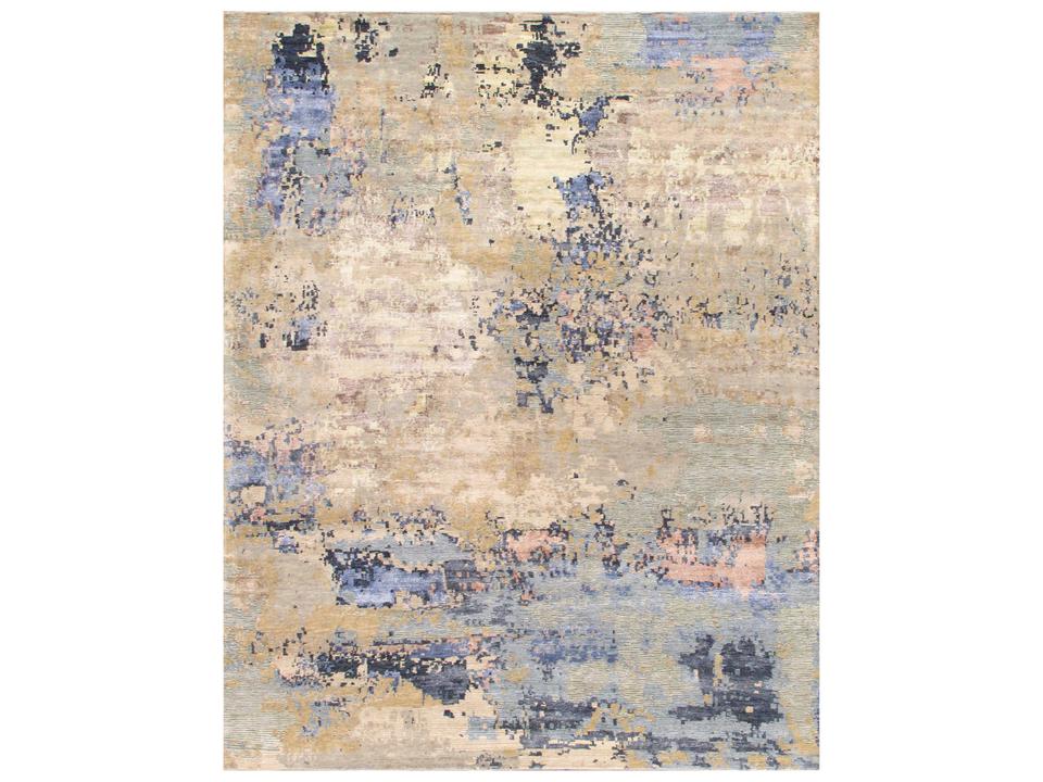 Modern Abstract Hand-Knotted Silk Wool Area Rug Beige Blue