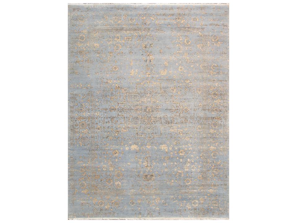 Transitional Bordered Hand-Knotted Area Rug in Light Blue and Gold