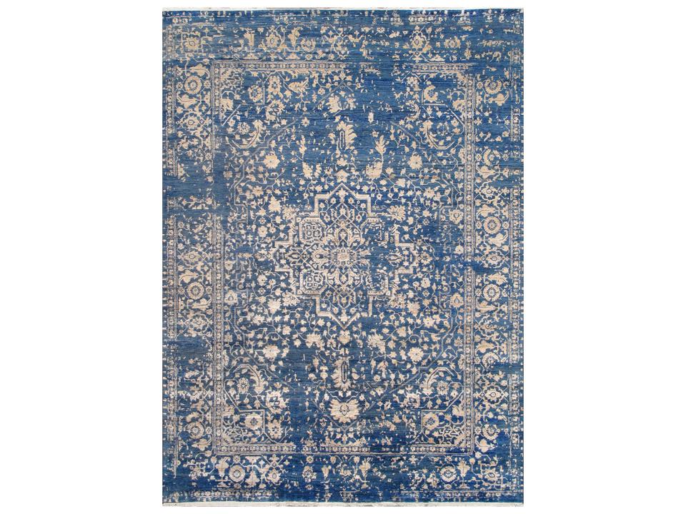 Transitional Bordered Hand-Knotted Area Rug in Blue and Beige
