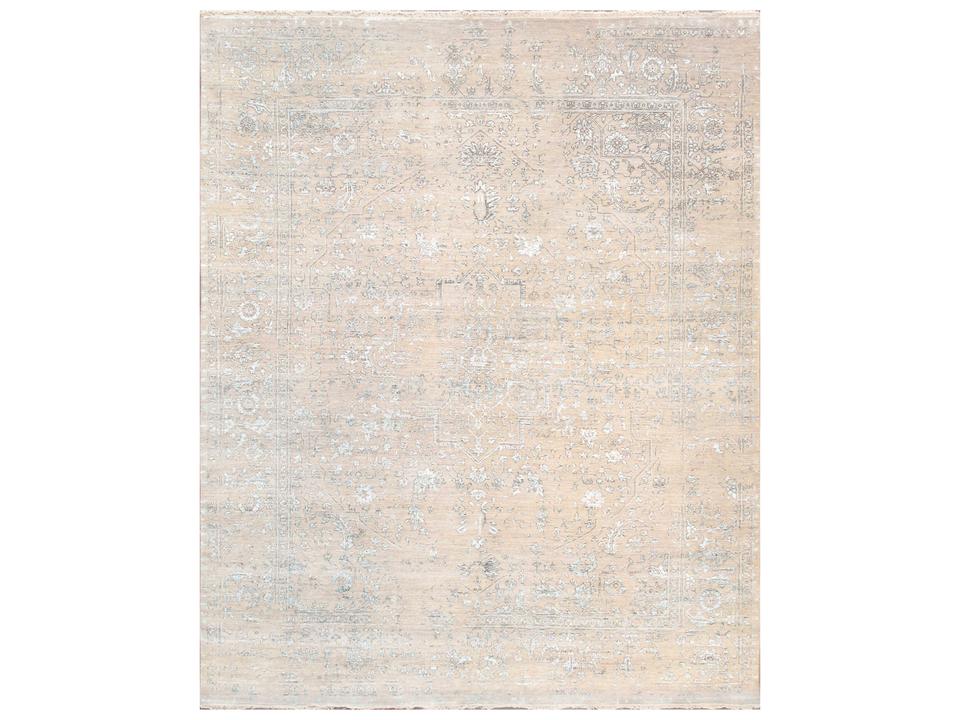 Transitional Bordered Area Rug in Beige Bamboo Silk and Wool