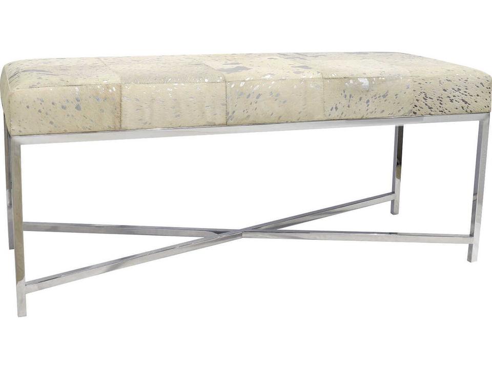 Safari Silver White Cowhide Accent Bench with Stainless Steel Base