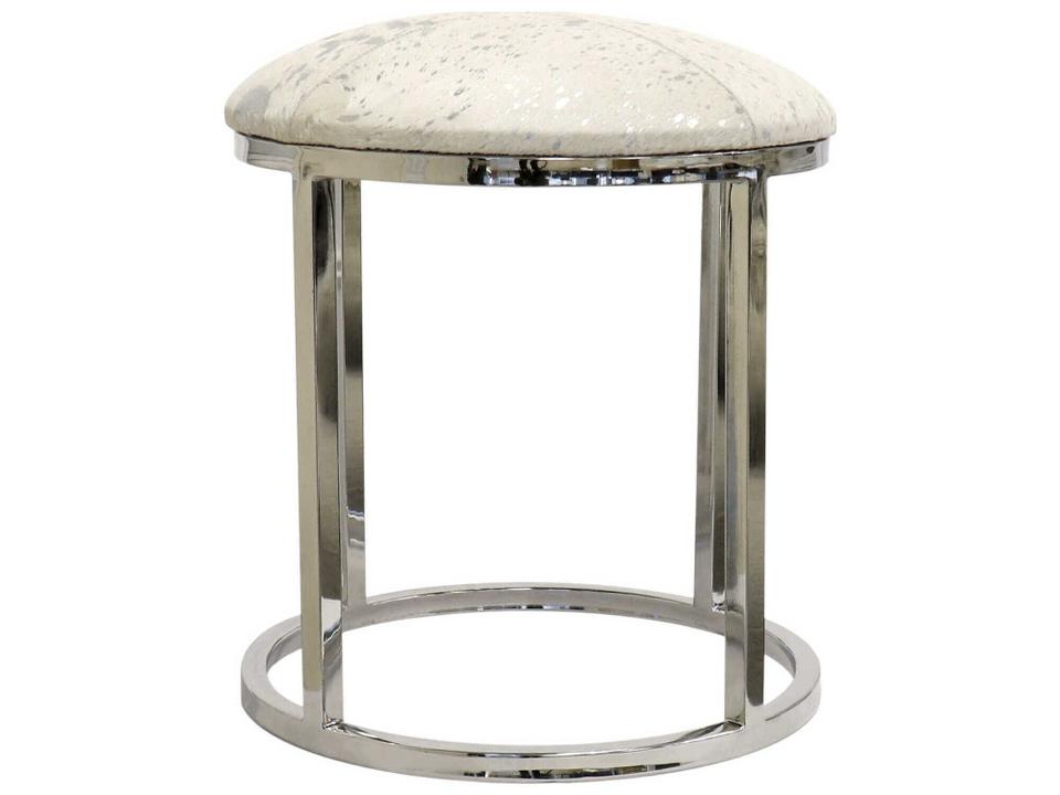 Safari Silver White Cowhide Accent Stool with Stainless Steel Legs