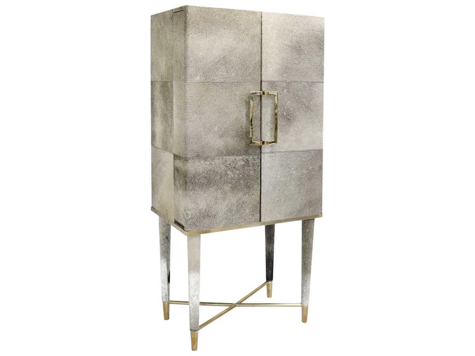 Safari Silver Foil Cowhide Bar Cabinet with Gold Stainless Steel
