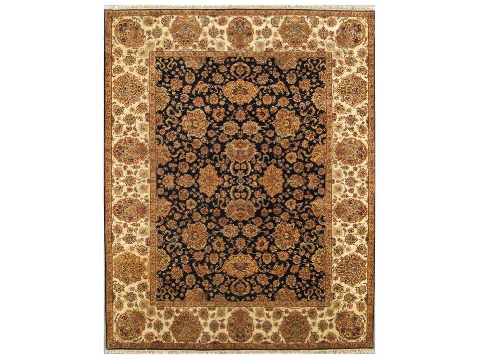 Agra Bordered Hand-Knotted Lamb's Wool Area Rug in Navy Blue