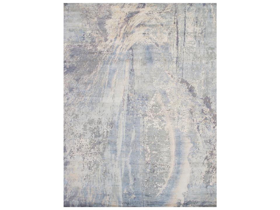 Modern Abstract Area Rug in Light Blue Silk and Wool
