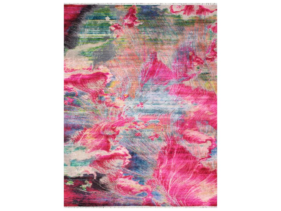 Modern Abstract Hand-Knotted Wool and Silk Area Rug in Pink