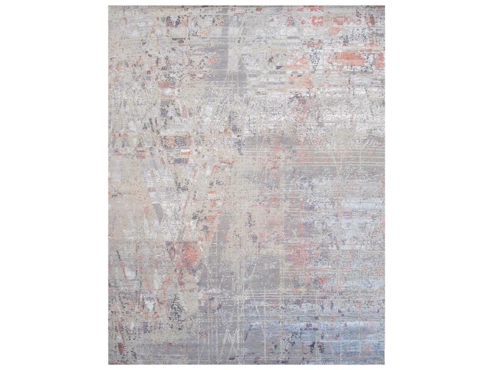 Modern Abstract Area Rug in Beige Multi Hand-Knotted Bamboo Silk Wool