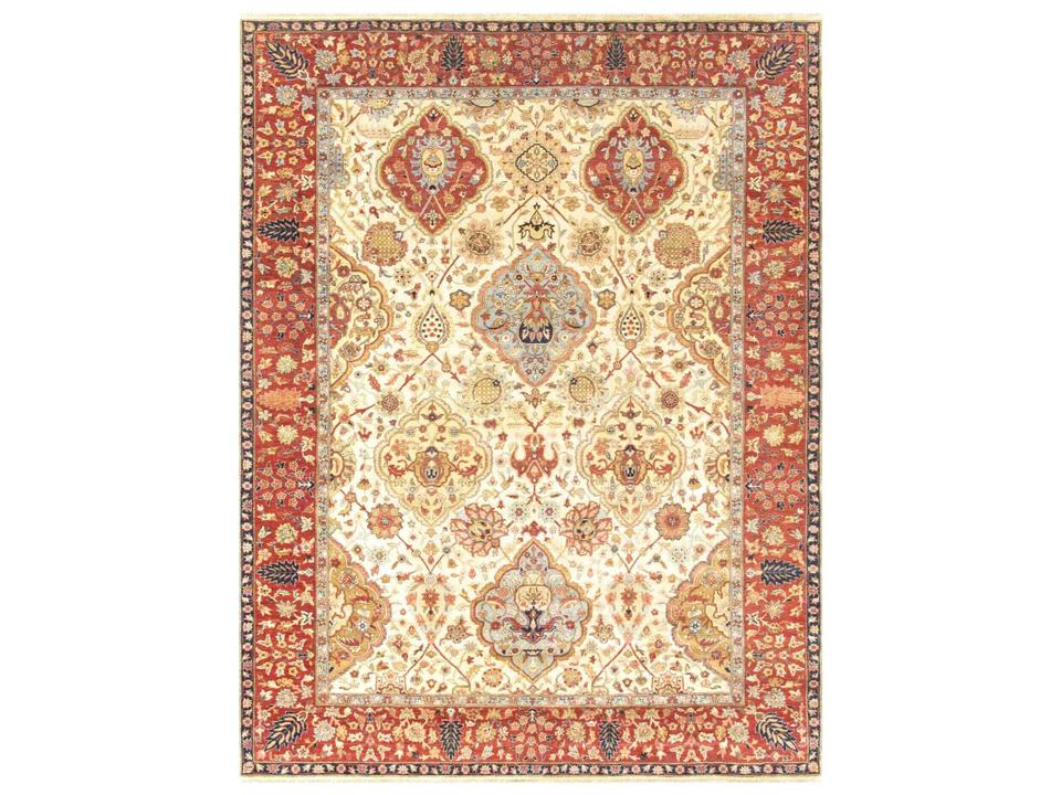 Azerbaijan Hand-Knotted Lamb's Wool Bordered Area Rug in Ivory