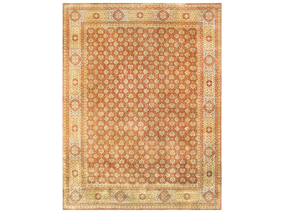 Mamluk Bordered Area Rug 9x12 in Ivory and Blue
