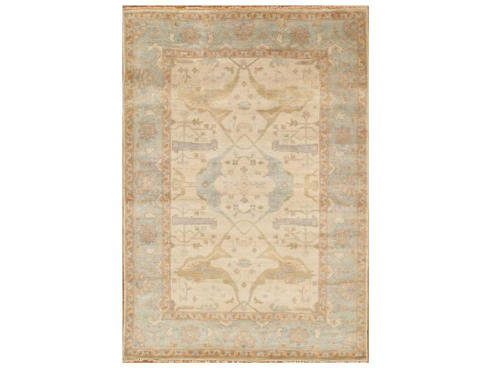 Oushak Bordered Hand-Knotted Lamb's Wool Area Rug 4x6 Blue and Ivory