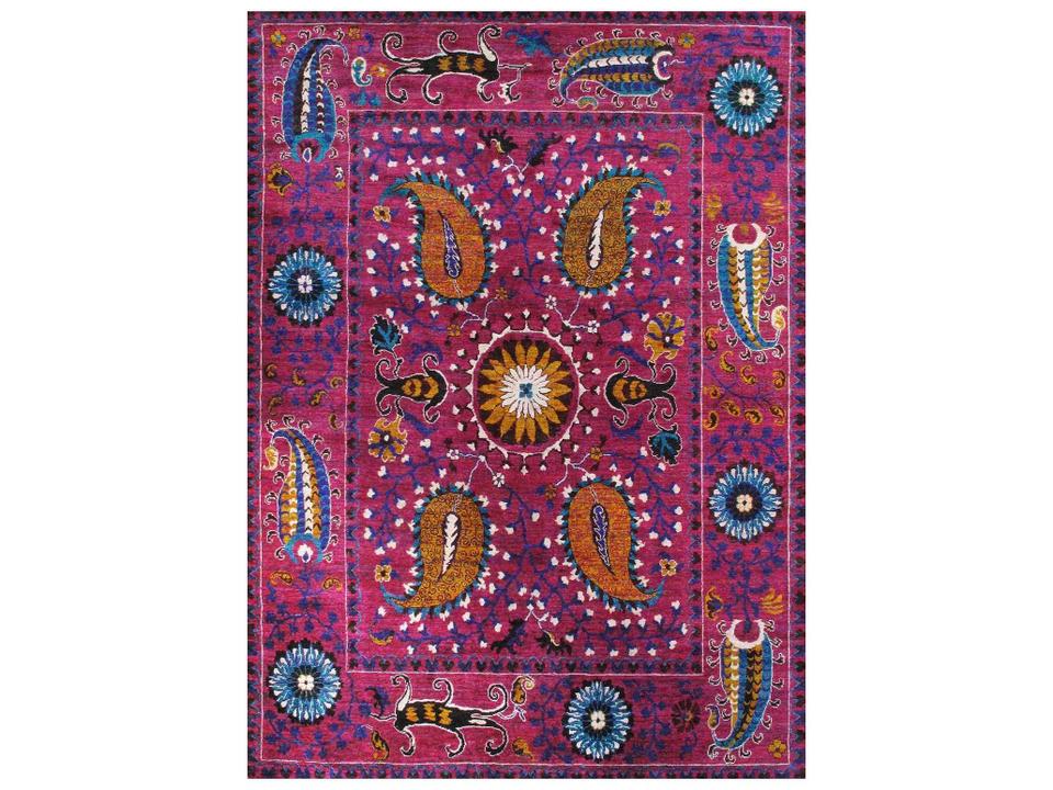 Azerbaijan 8'7" x 11'8" Bordered Area Rug in Ivory Blue and Red Lamb's Wool