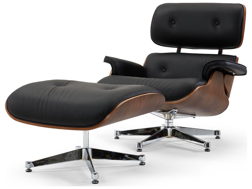 Florence Mid-Century Modern Leather Chair and Ottoman Set in Black