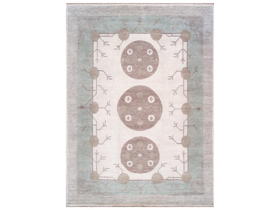 Khotan Hand-Knotted Bordered Area Rug in Light Green and Ivory