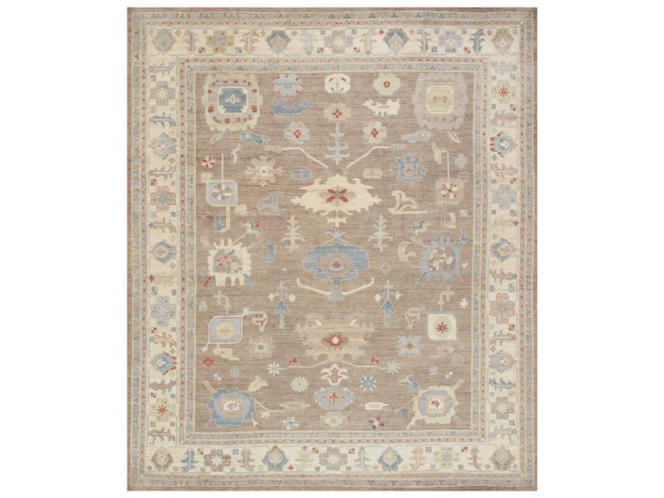 Melody Bordered Hand-Knotted Wool Area Rug 11'10" x 15' in Ivory and Light Blue