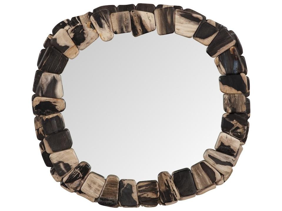 Stacked Pebble Petrified Round Wall Mirror in Mixed Beige and Black