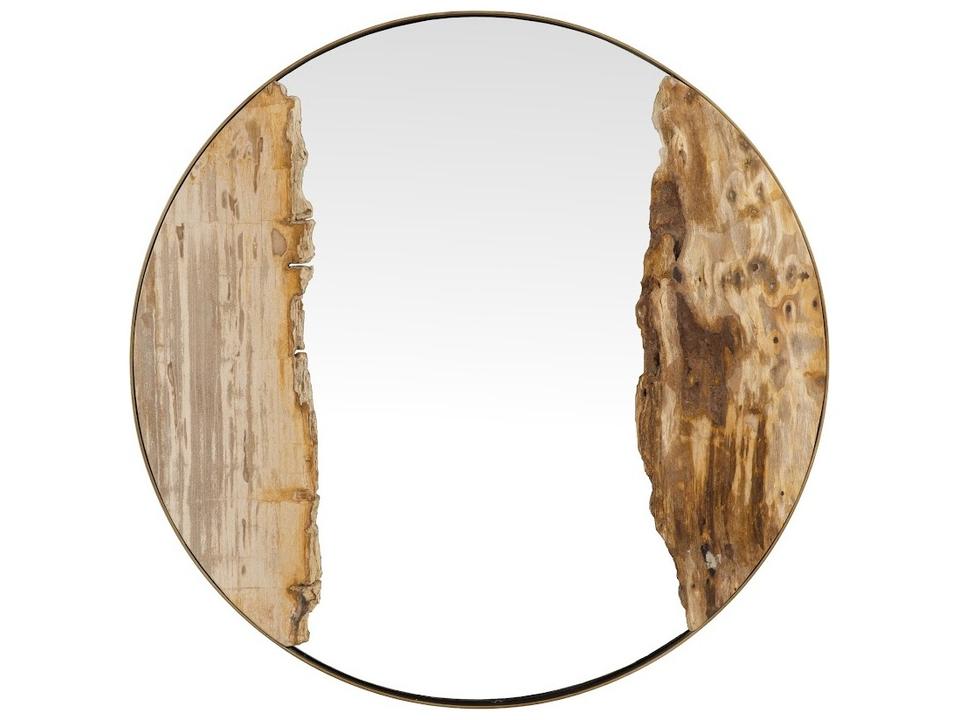 Petrified River Round Wall Mirror in Brass with Petrified Wood