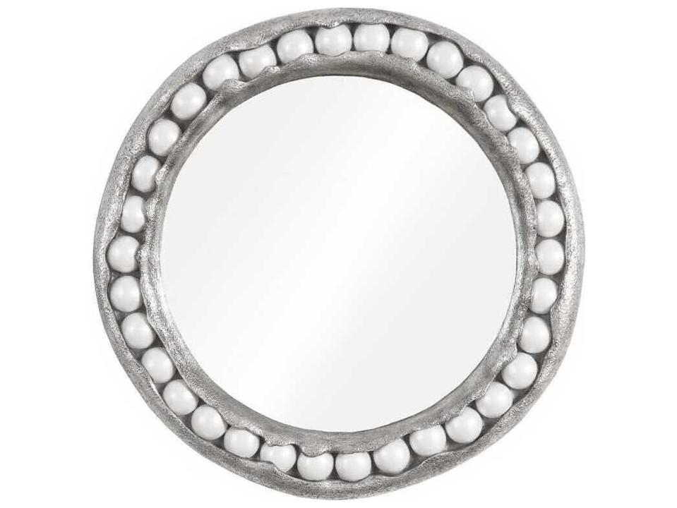 Pearl Round Wall Mirror in Silver Leaf with White Pearl Detail