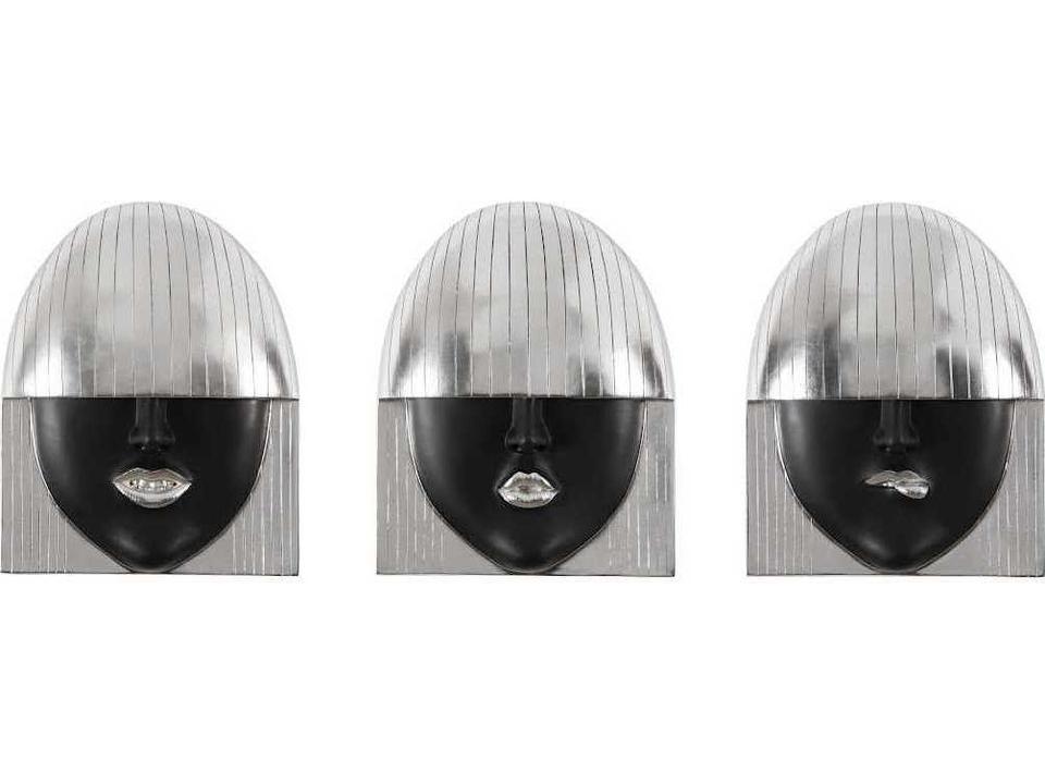 Black and Silver Leaf Fashion Faces Wood Wall Art Set of 3