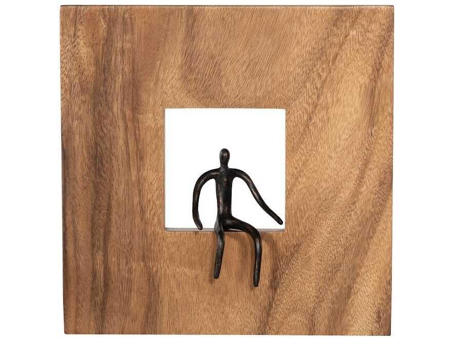 Atlas Square Metal Wall Art With Sitting Figure in Reclaimed Chamcha Wood and Bronze Finish