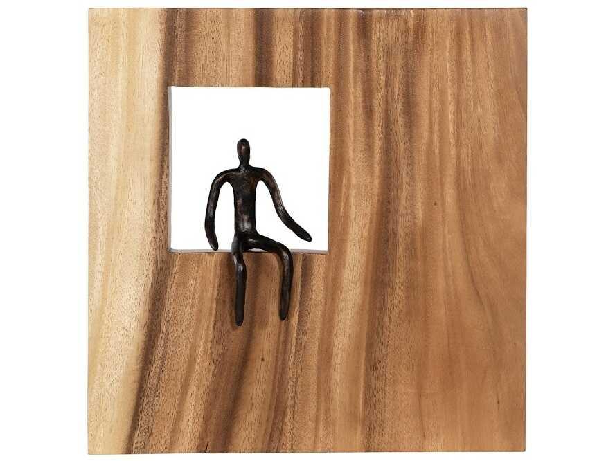 Atlas Pointing Figure Square Wall Art in Natural Wood and Bronze Metal