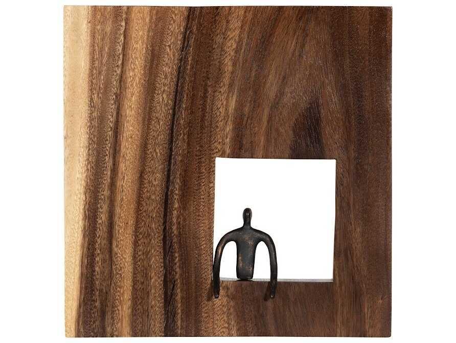 Atlas Gesturing Figure Square Wall Art in Natural Acacia Wood and Bronze Metal