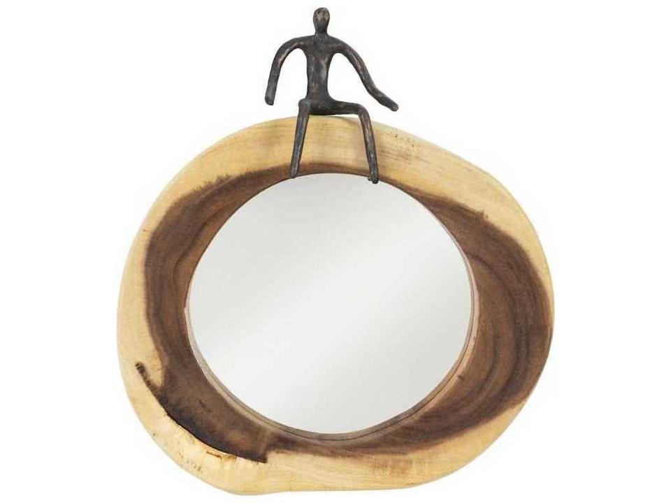 Atlas Sitting Figure Cross Cut Wall Mirror in Natural Chamcha Wood and Black Metal