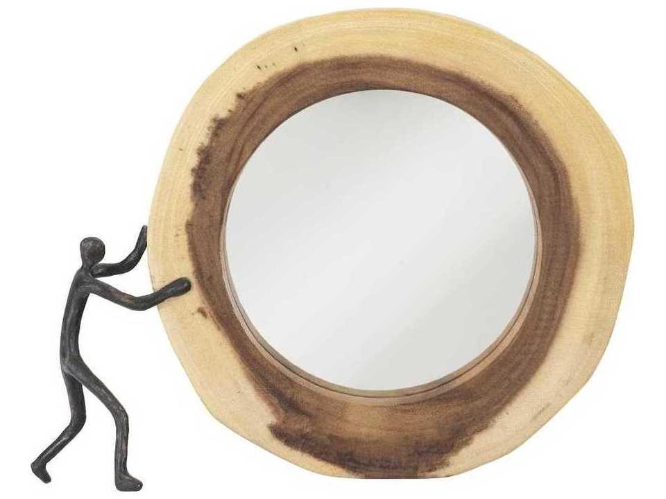 Atlas Crosscut Round Wall Mirror with Natural Wood and Metal Figure